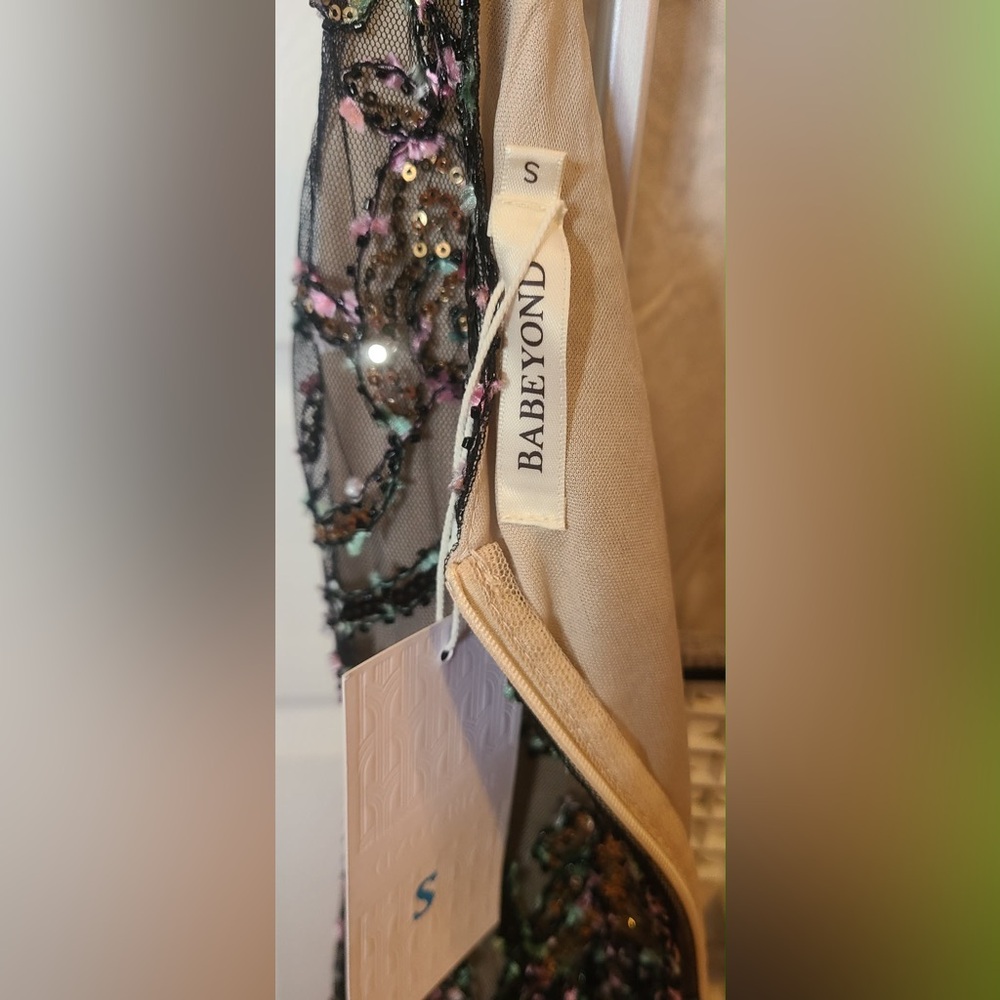 Embellished V-Neck Fringe Midi Dress in Black and Pink - Picture 9 of 16